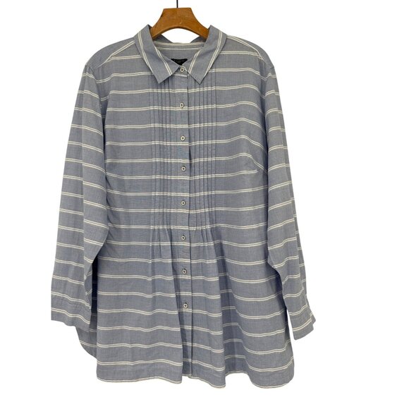 Talbots Womens blouse tunic size 2X plus Blue Striped Cotton Shirt Pintuck - Picture 1 of 6